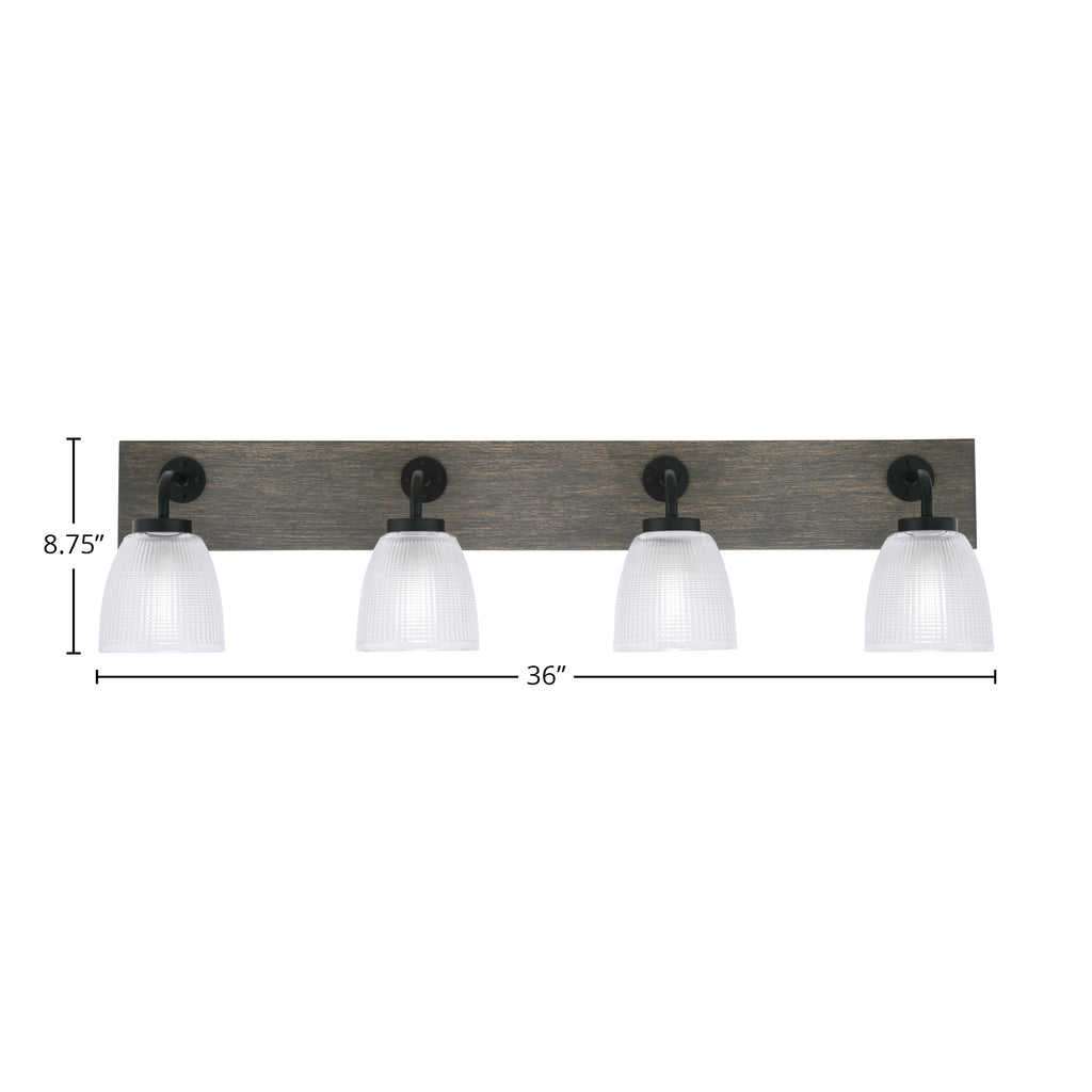 Oxbridge Four Light Bath Bar in Matte Black & Painted Distressed Wood-look Metal with 5" Clear Ribbed Shade