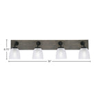 Oxbridge Four Light Bath Bar in Matte Black & Painted Distressed Wood-look Metal with 5" Clear Ribbed Shade
