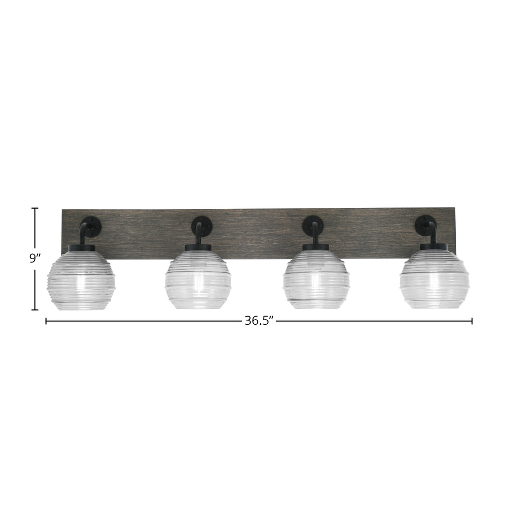 Oxbridge Four Light Bath Bar in Matte Black & Painted Distressed Wood-look Metal with 6" Clear Ribbed Shade