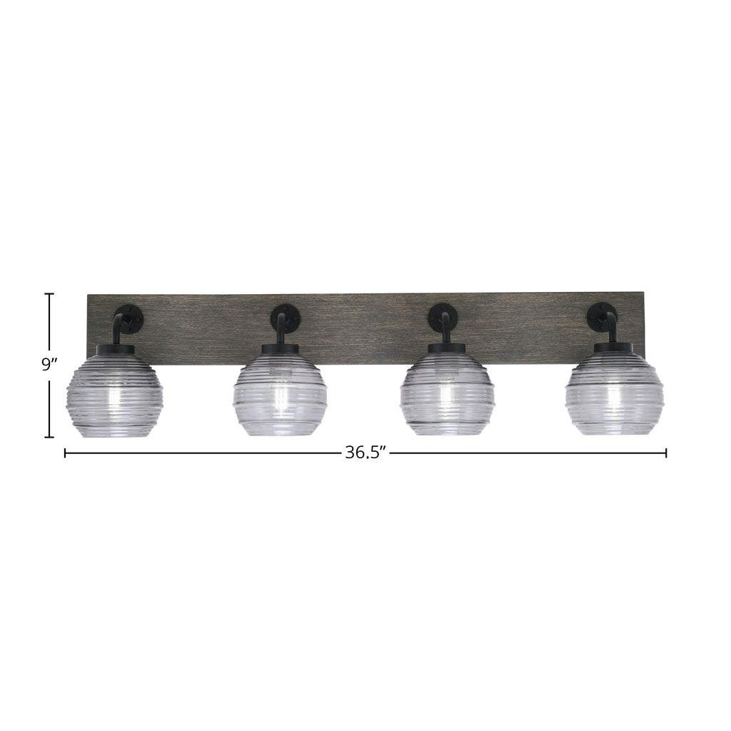 Oxbridge Four Light Bath Bar in Matte Black & Painted Distressed Wood-look Metal with 6" Smoke Ribbed Shade