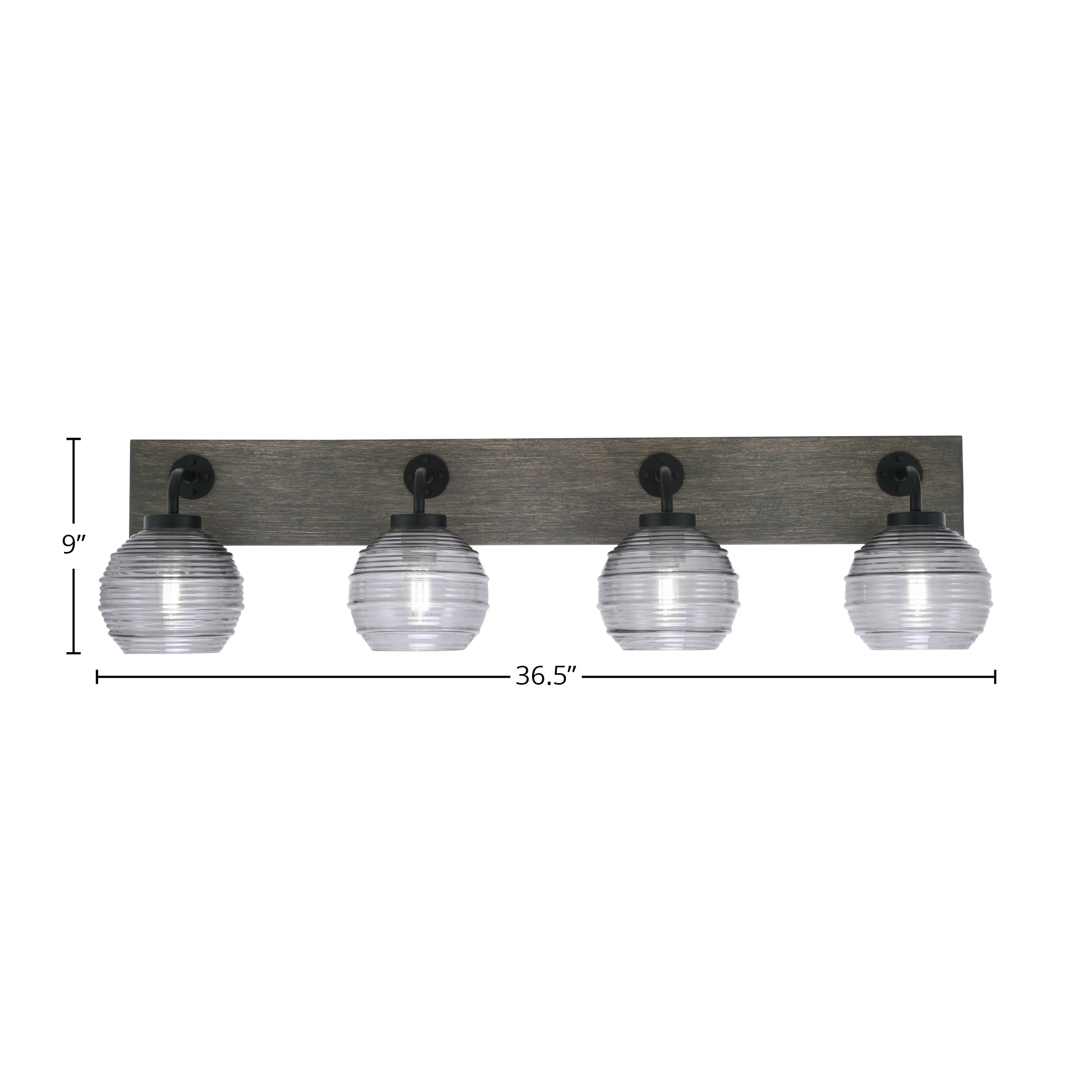 Oxbridge Four Light Bath Bar in Matte Black & Painted Distressed Wood-look Metal with 6" Smoke Ribbed Shade