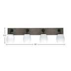Oxbridge Four Light Bath Bar in Matte Black & Painted Distressed Wood-look Metal with 5" White Linen Shade