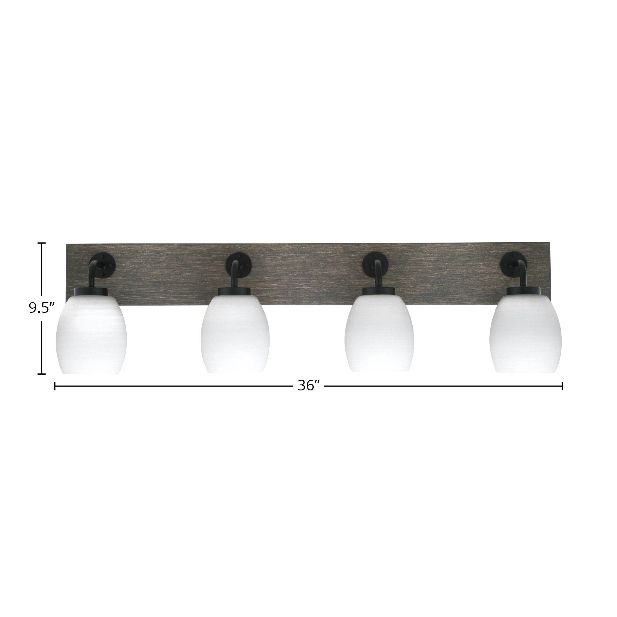 Oxbridge Four Light Bath Bar in Matte Black & Painted Distressed Wood-look Metal with 5" White Linen Shade
