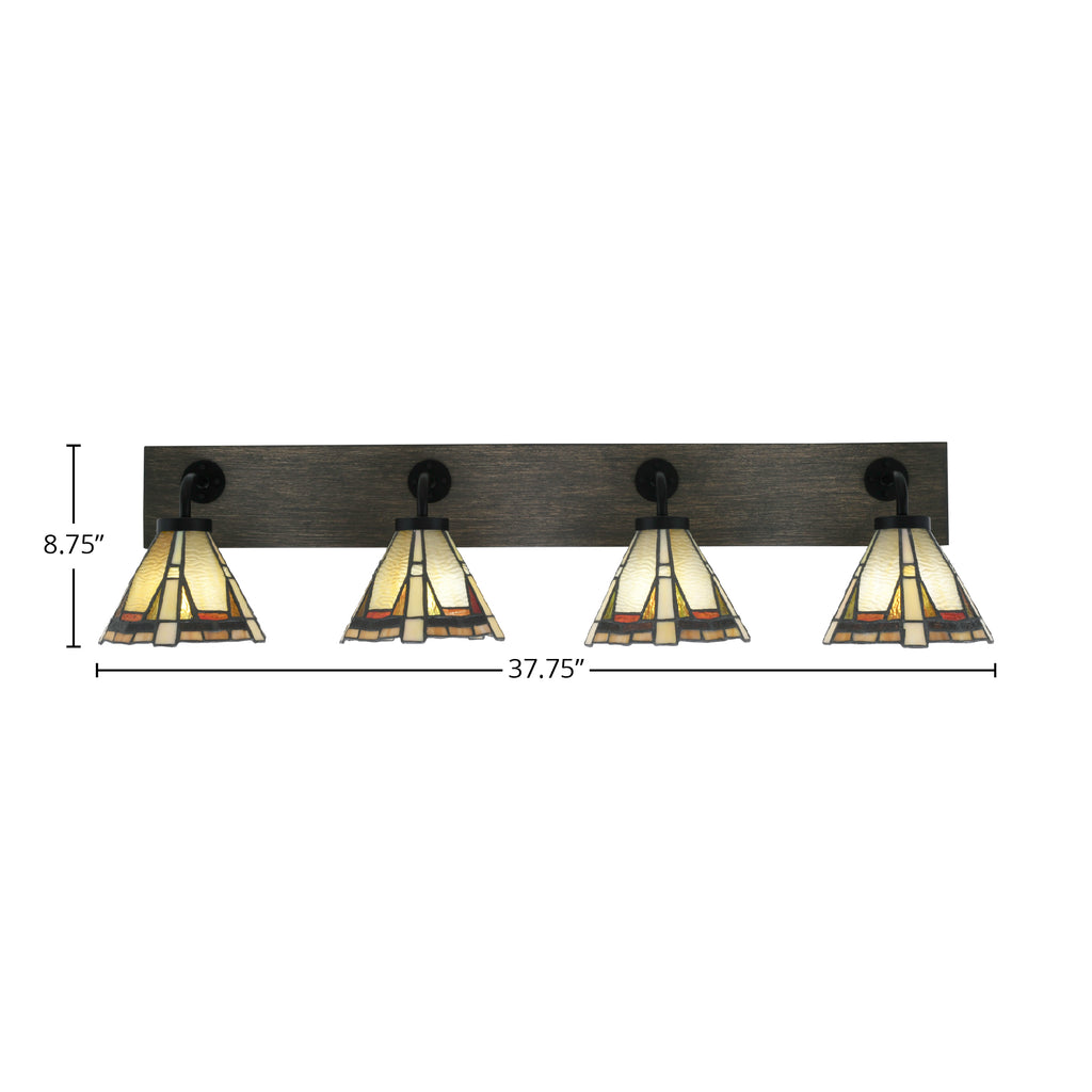 Oxbridge Four Light Bath Bar in Matte Black & Painted Distressed Wood-look Metal with 7" Zion Art Glass Shade