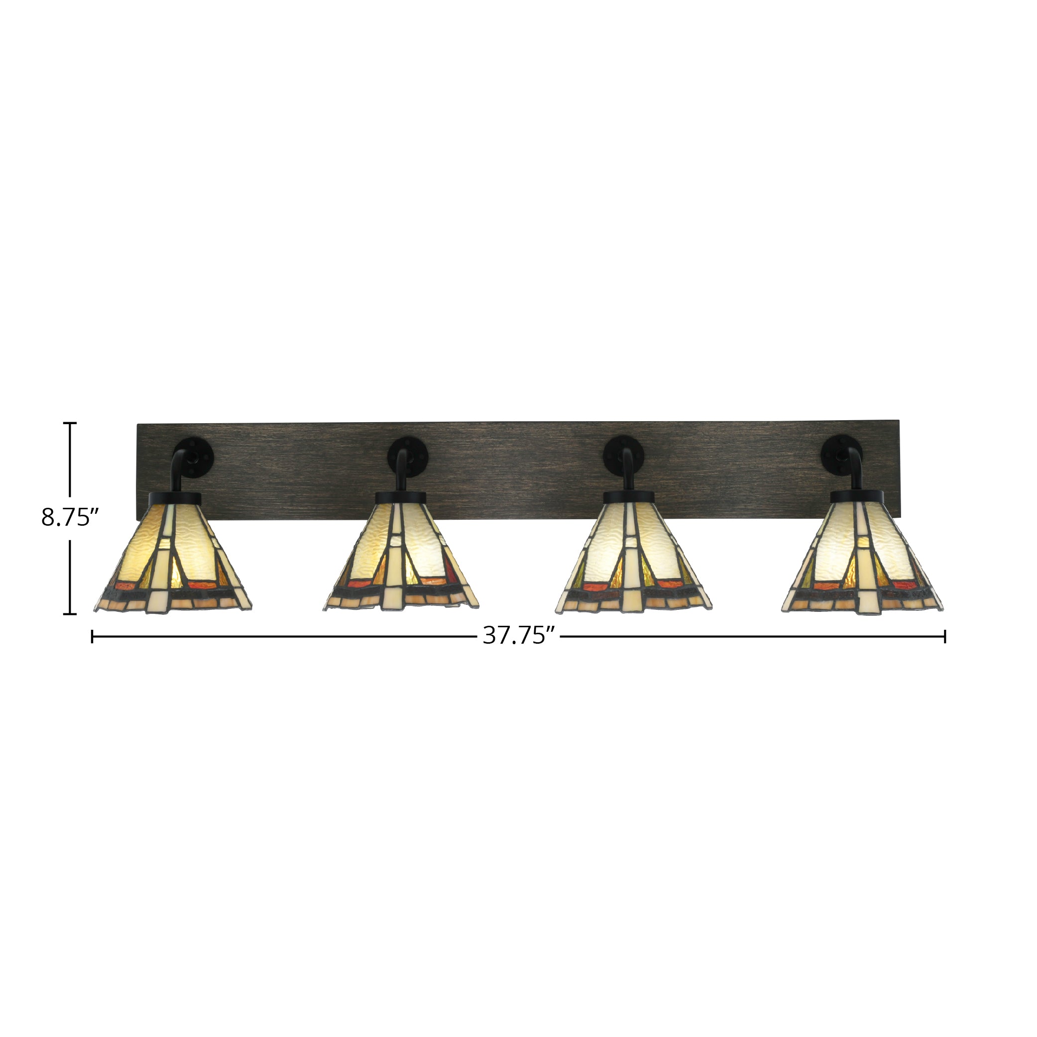 Oxbridge Four Light Bath Bar in Matte Black & Painted Distressed Wood-look Metal with 7" Zion Art Glass Shade