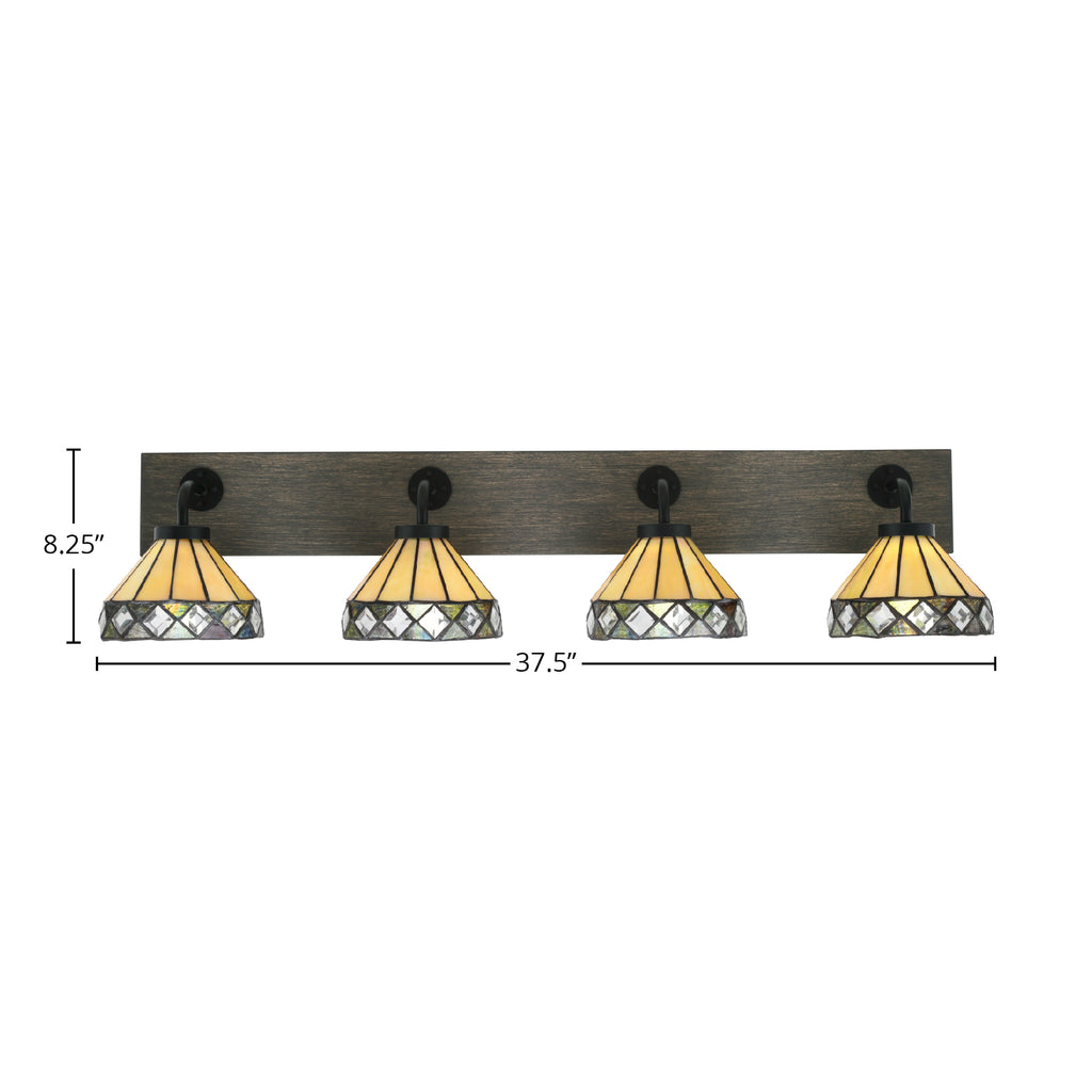 Oxbridge Four Light Bath Bar in Matte Black & Painted Distressed Wood-look Metal with 7" Diamond Peak Art Glass Shade
