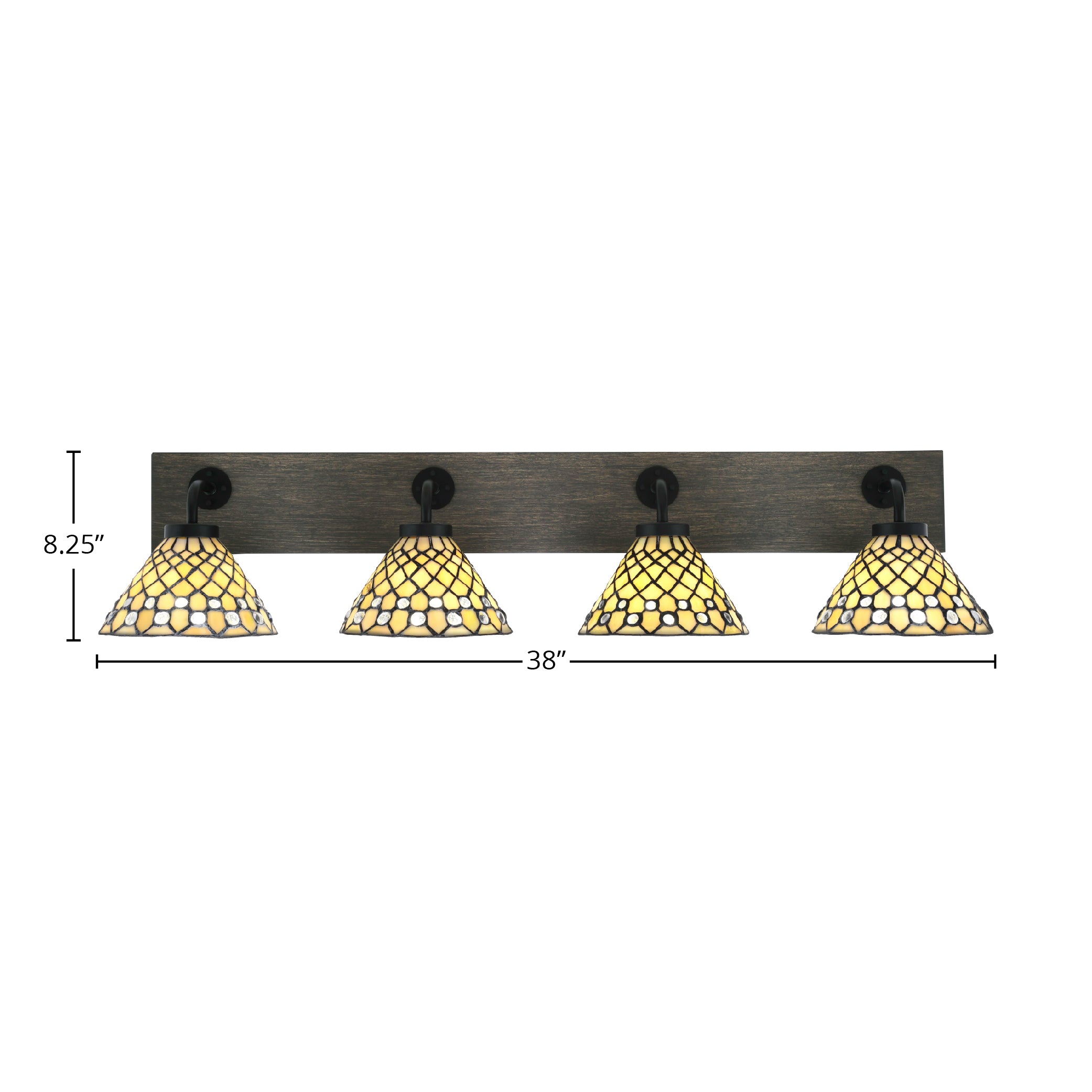 Oxbridge Four Light Bath Bar in Matte Black & Painted Distressed Wood-look Metal with 7" Starlight Art Glass Shade