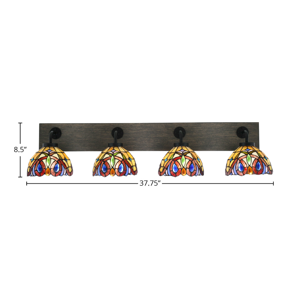 Oxbridge Four Light Bath Bar in Matte Black & Painted Distressed Wood-look Metal with 7" Lynx Art Glass Shade