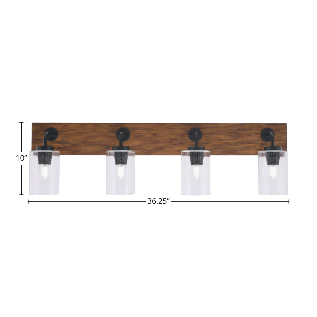 Oxbridge Four Light Bath Bar in Matte Black & Painted Wood-look Metal with 4" Clear Bubble Shade