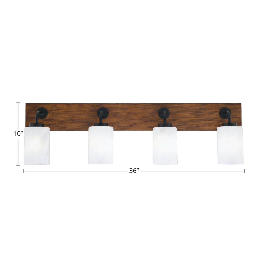 Oxbridge Four Light Bath Bar in Matte Black & Painted Wood-look Metal with 4" White Marble Shade