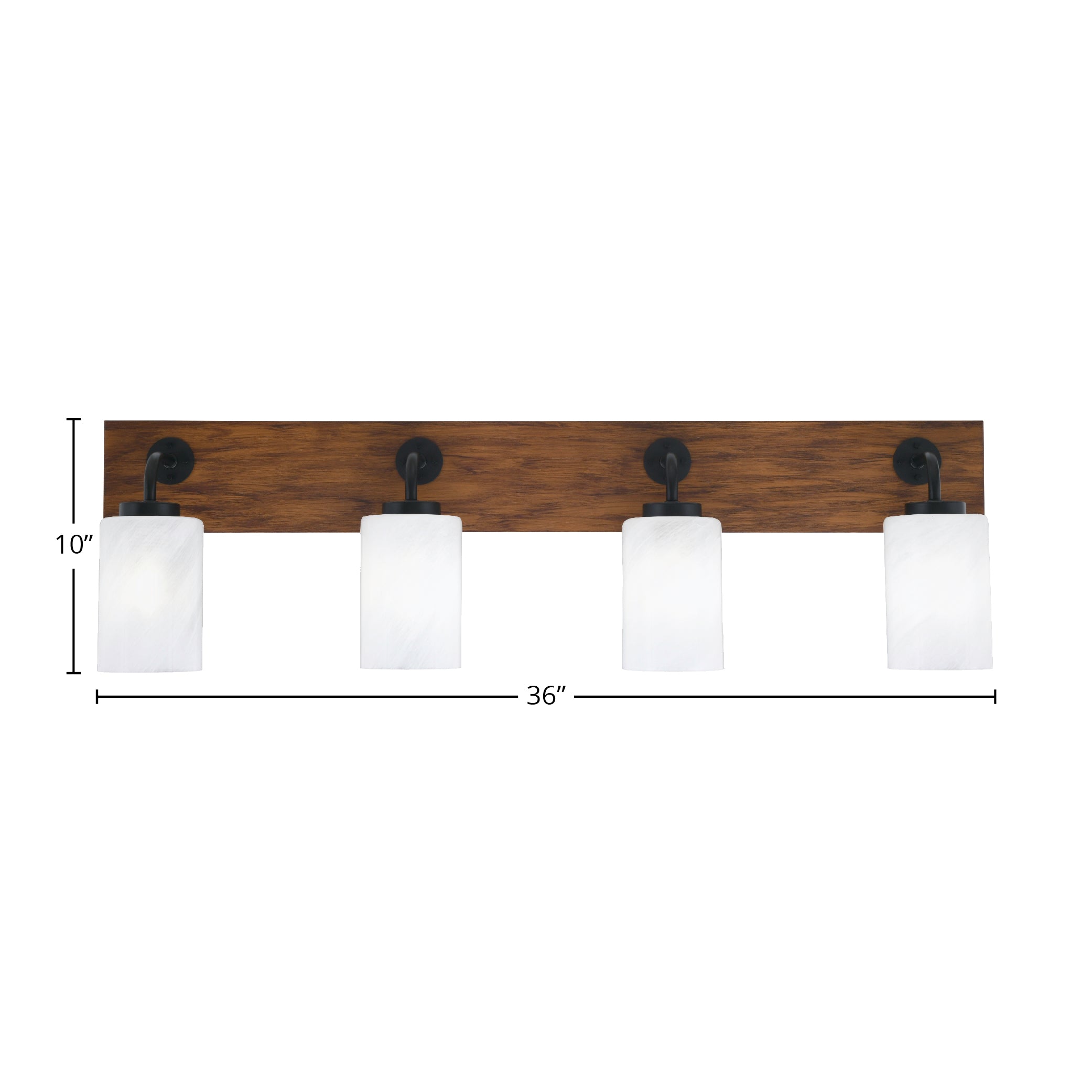 Oxbridge Four Light Bath Bar in Matte Black & Painted Wood-look Metal with 4" White Marble Shade