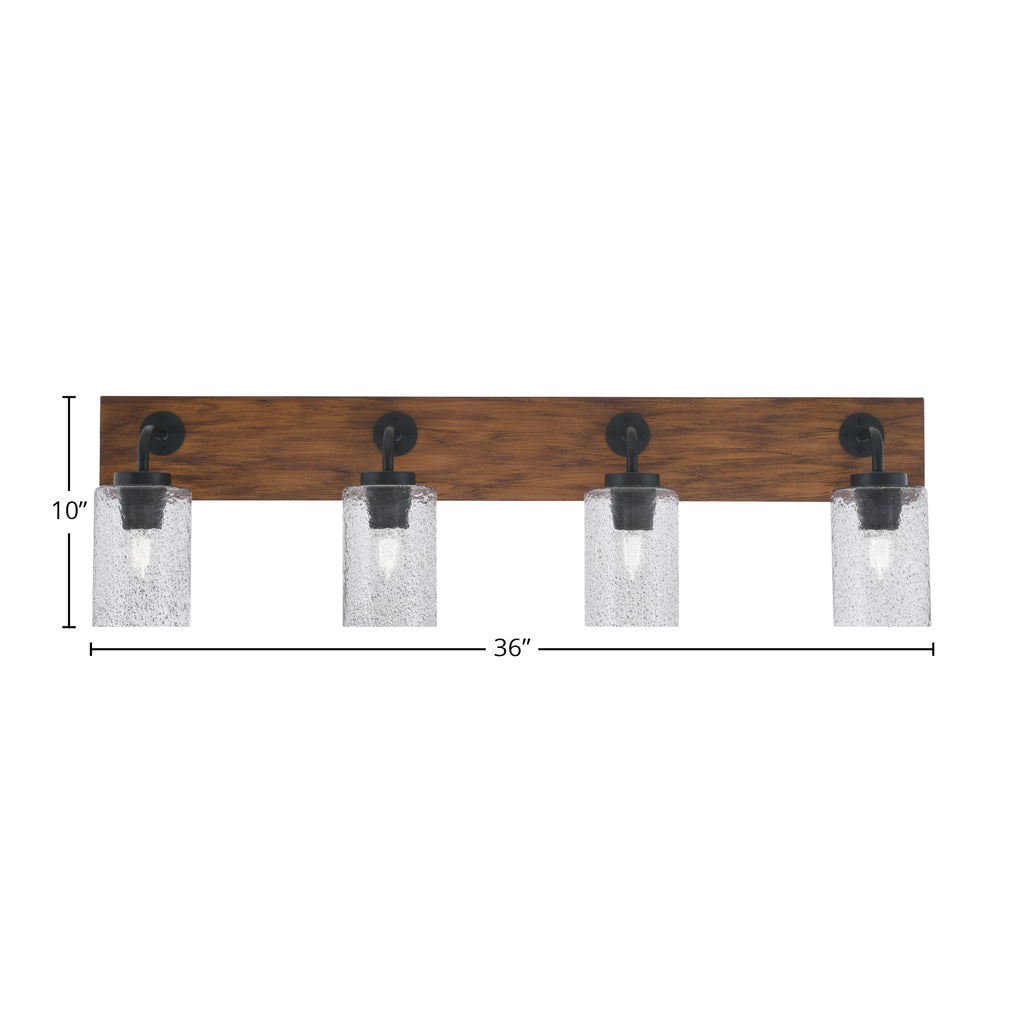Oxbridge Four Light Bath Bar in Matte Black & Painted Wood-look Metal with 4" Smoke Bubble Shade