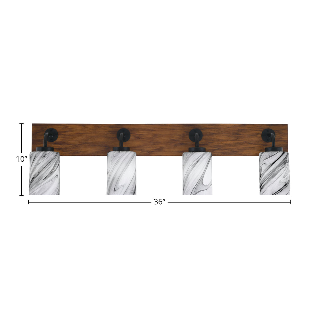 Oxbridge Four Light Bath Bar in Matte Black & Painted Wood-look Metal with 4" Onyx Swirl Shade