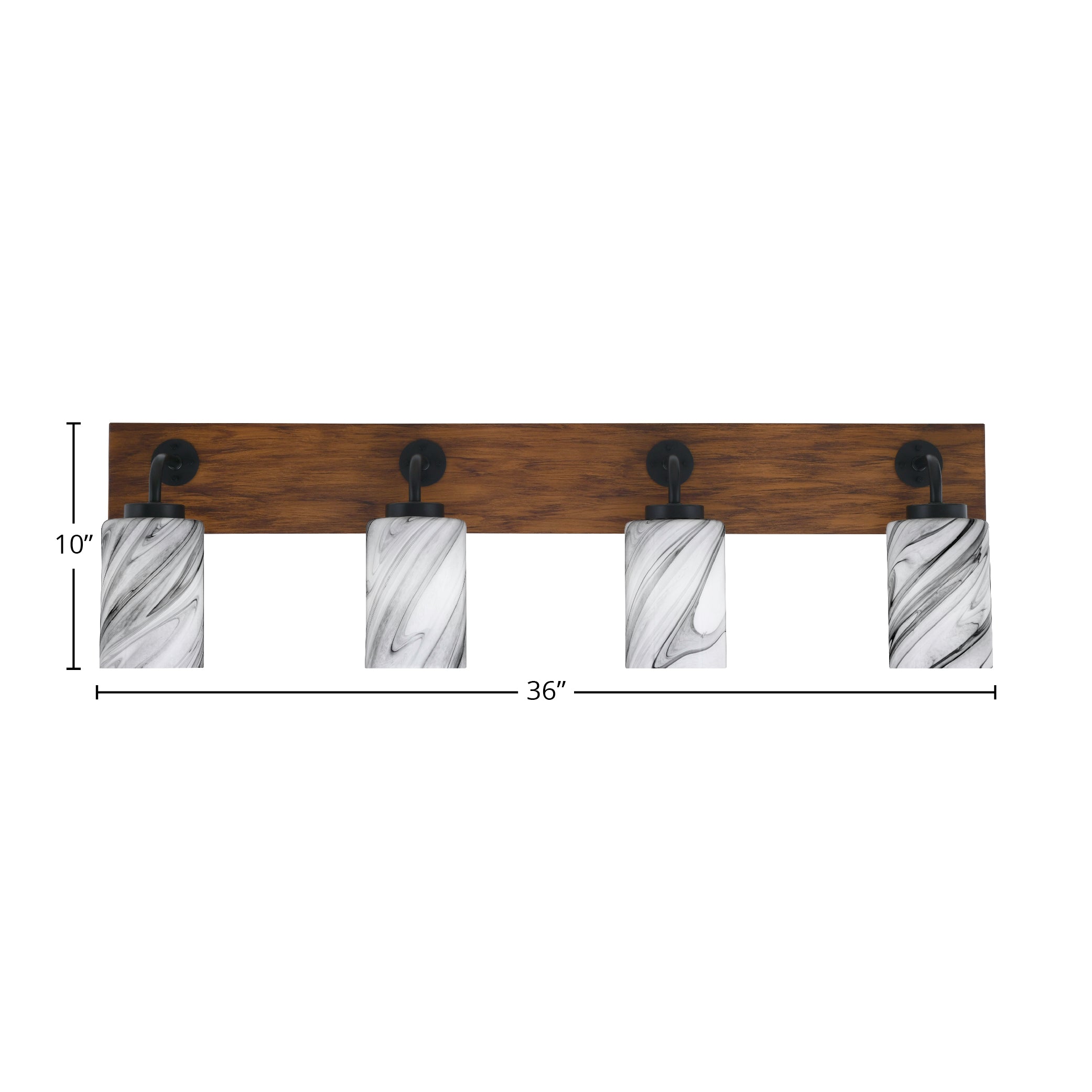 Oxbridge Four Light Bath Bar in Matte Black & Painted Wood-look Metal with 4" Onyx Swirl Shade