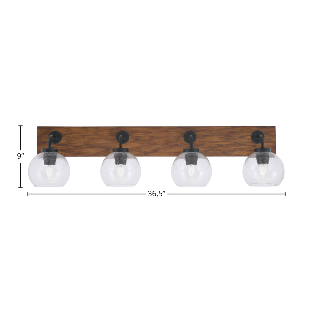Oxbridge Four Light Bath Bar in Matte Black & Painted Wood-look Metal with 5.75" Clear Bubble Shade
