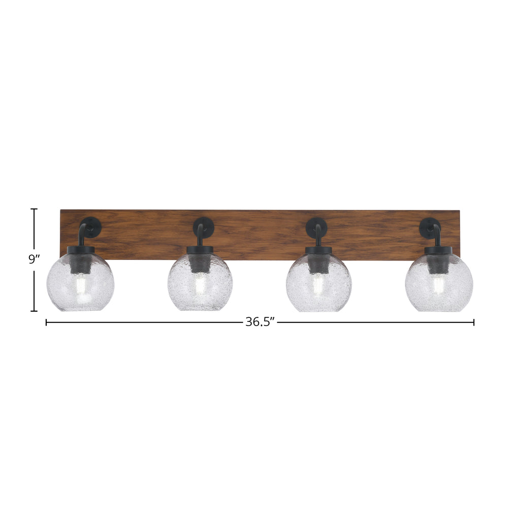 Oxbridge Four Light Bath Bar in Matte Black & Painted Wood-look Metal with 5.75" Smoke Bubble Shade