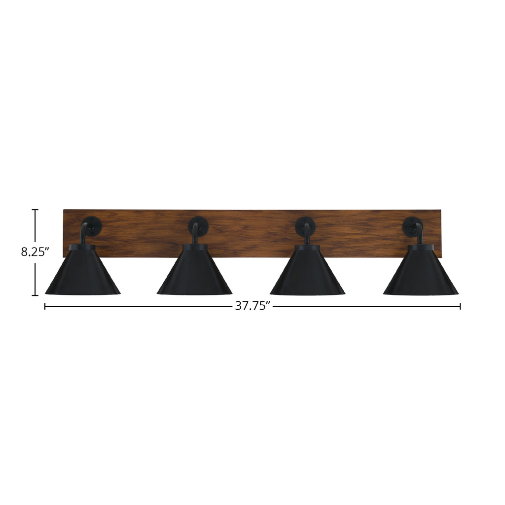 Oxbridge Four Light Bath Bar in Matte Black & Painted Wood-look Metal with 7" Matte Black Cone Metal Shade Shade