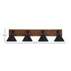 Oxbridge Four Light Bath Bar in Matte Black & Painted Wood-look Metal with 7" Matte Black Cone Metal Shade Shade