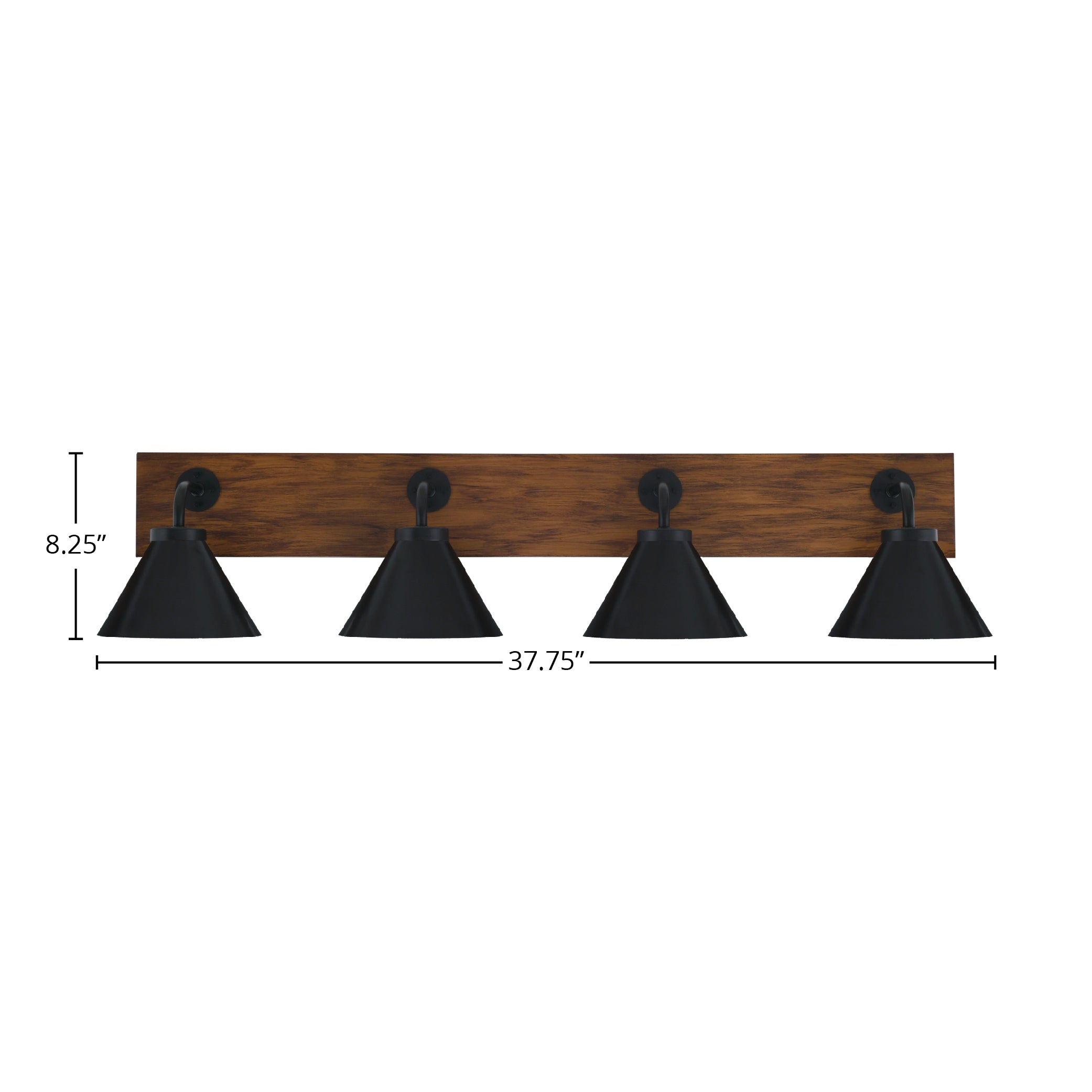 Oxbridge Four Light Bath Bar in Matte Black & Painted Wood-look Metal with 7" Matte Black Cone Metal Shade Shade