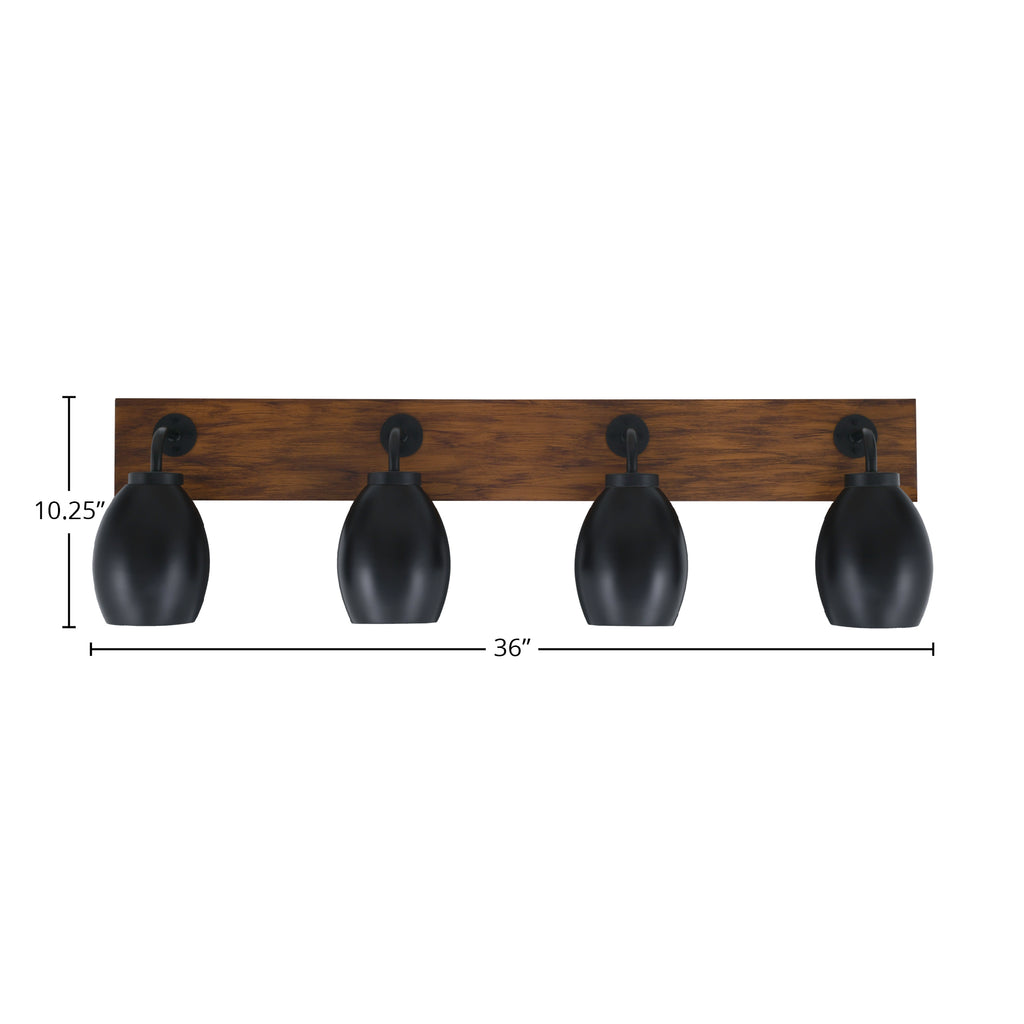 Oxbridge Four Light Bath Bar in Matte Black & Painted Wood-look Metal with 5" Matte Black Oval Metal Shade Shade