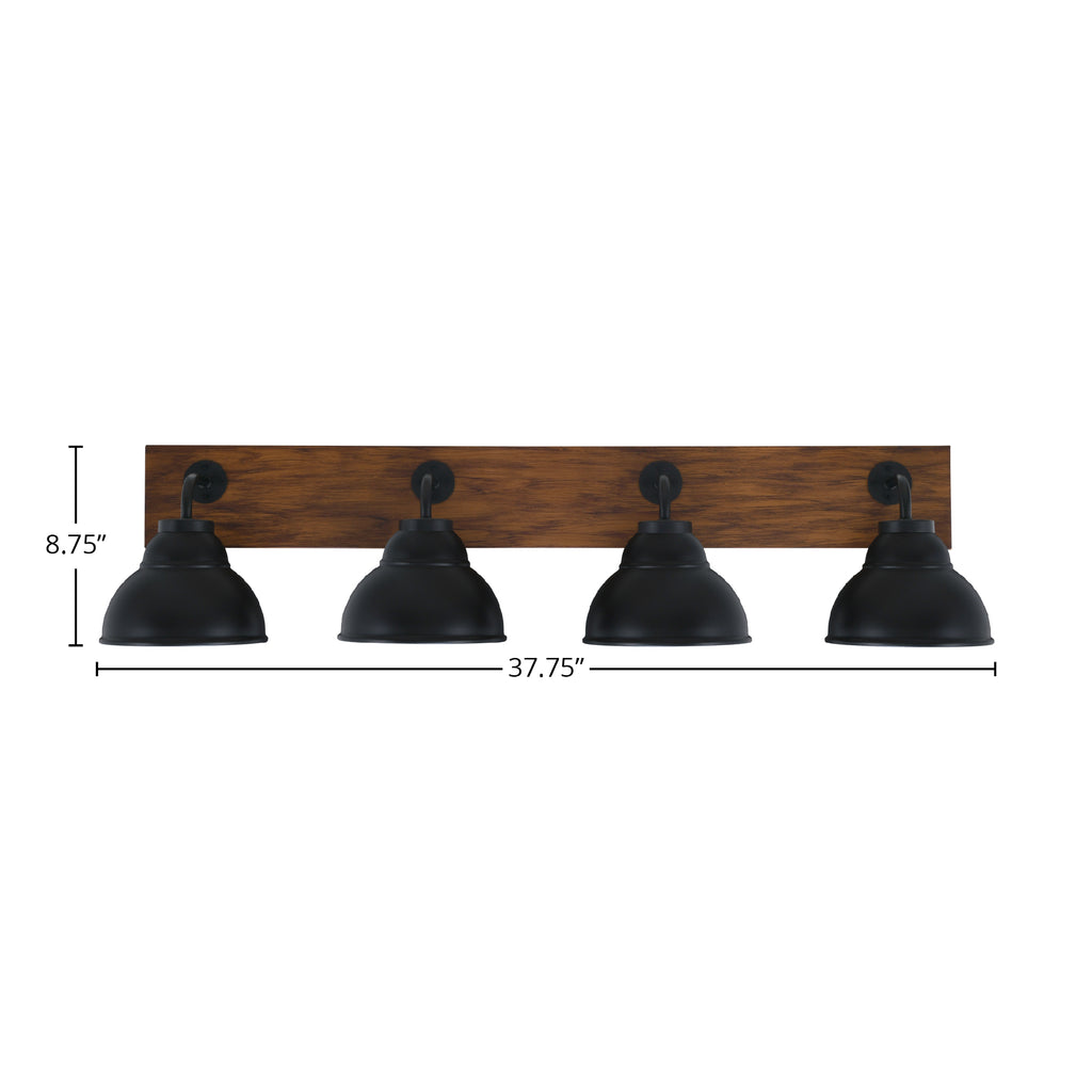 Oxbridge Four Light Bath Bar in Matte Black & Painted Wood-look Metal with 7" Matte Black Double Bubble Metal Shade Shade