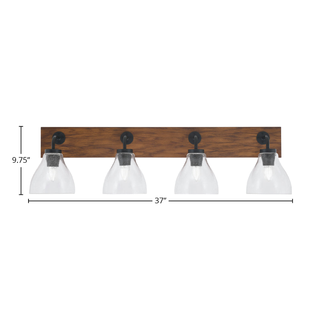 Oxbridge Four Light Bath Bar in Matte Black & Painted Wood-look Metal with 6.25" Clear Bubble Shade