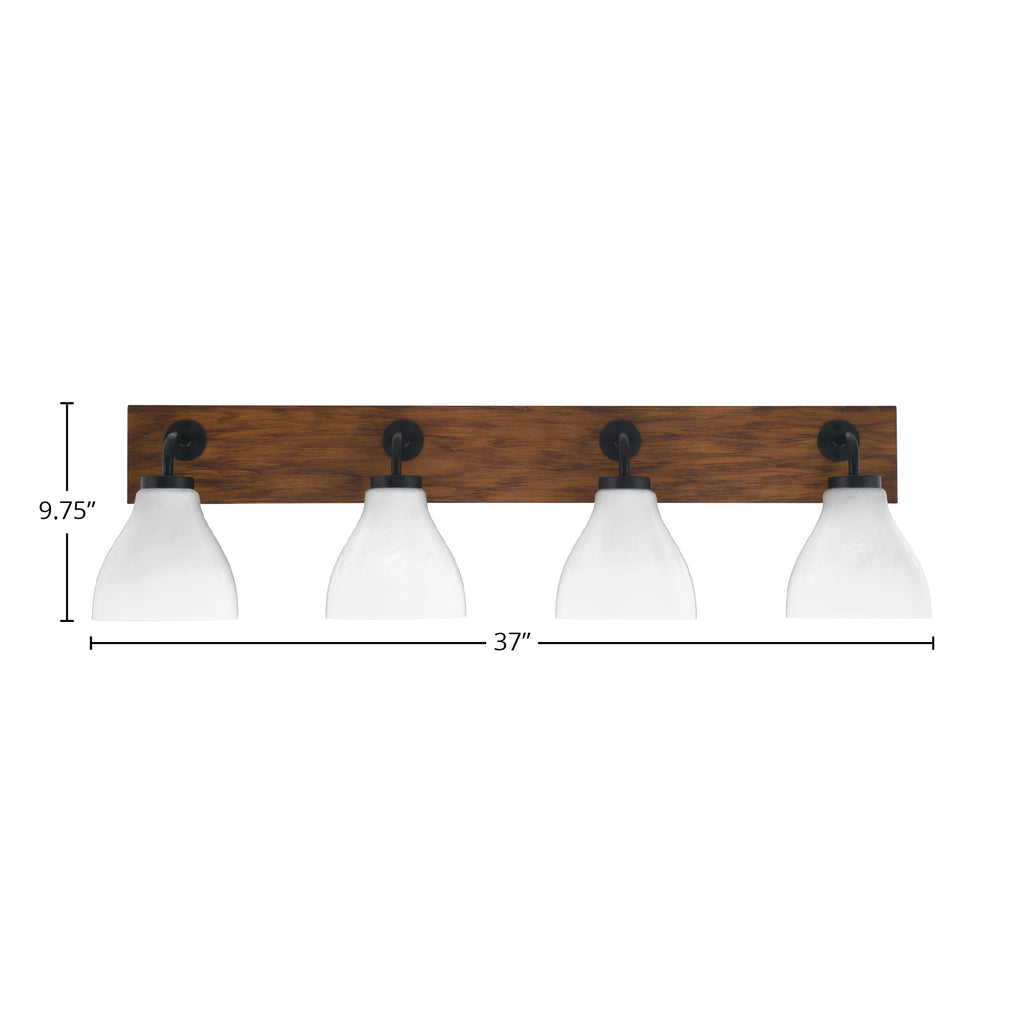 Oxbridge Four Light Bath Bar in Matte Black & Painted Wood-look Metal with 6.25" White Marble Shade