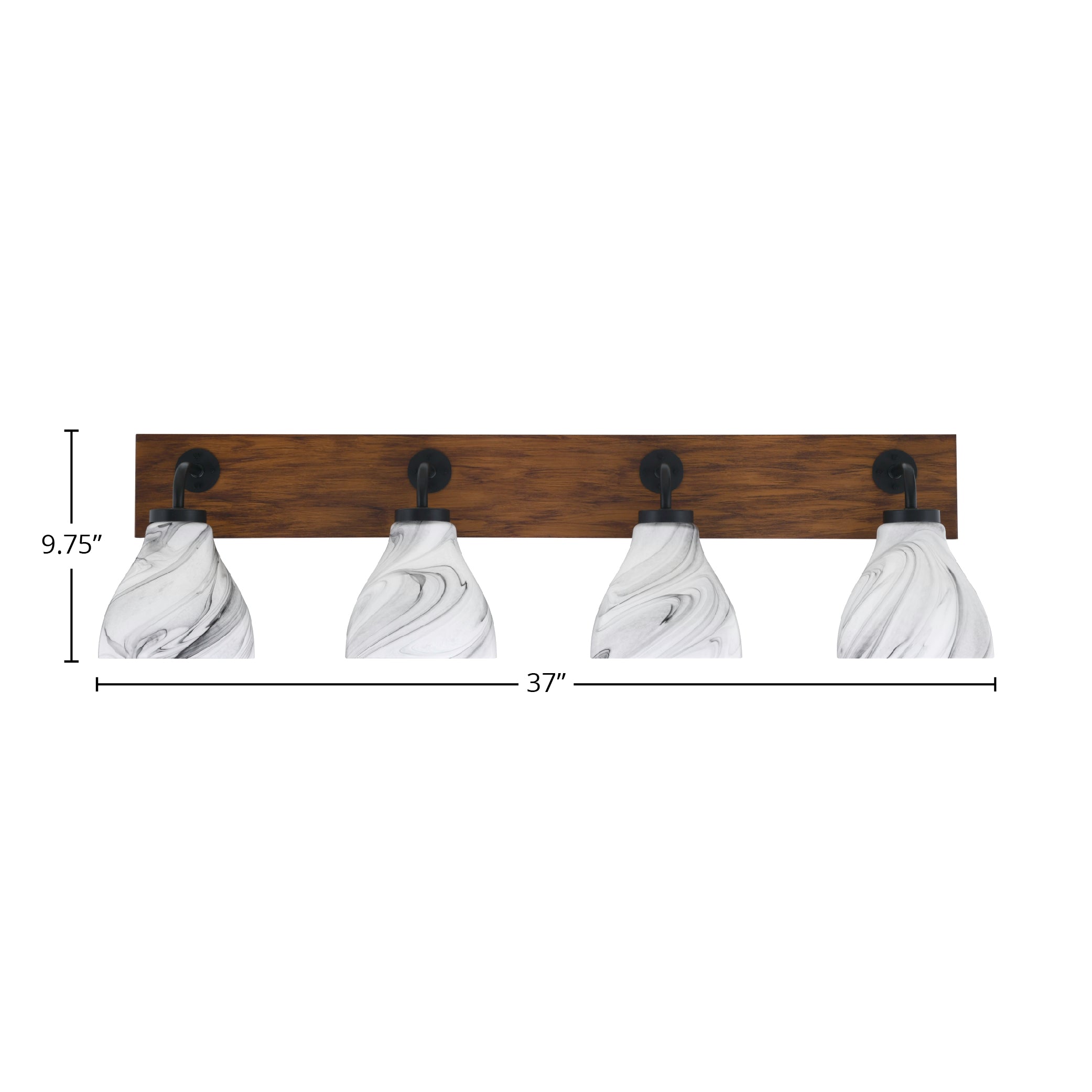 Oxbridge Four Light Bath Bar in Matte Black & Painted Wood-look Metal with 6.25" Onyx Swirl Shade
