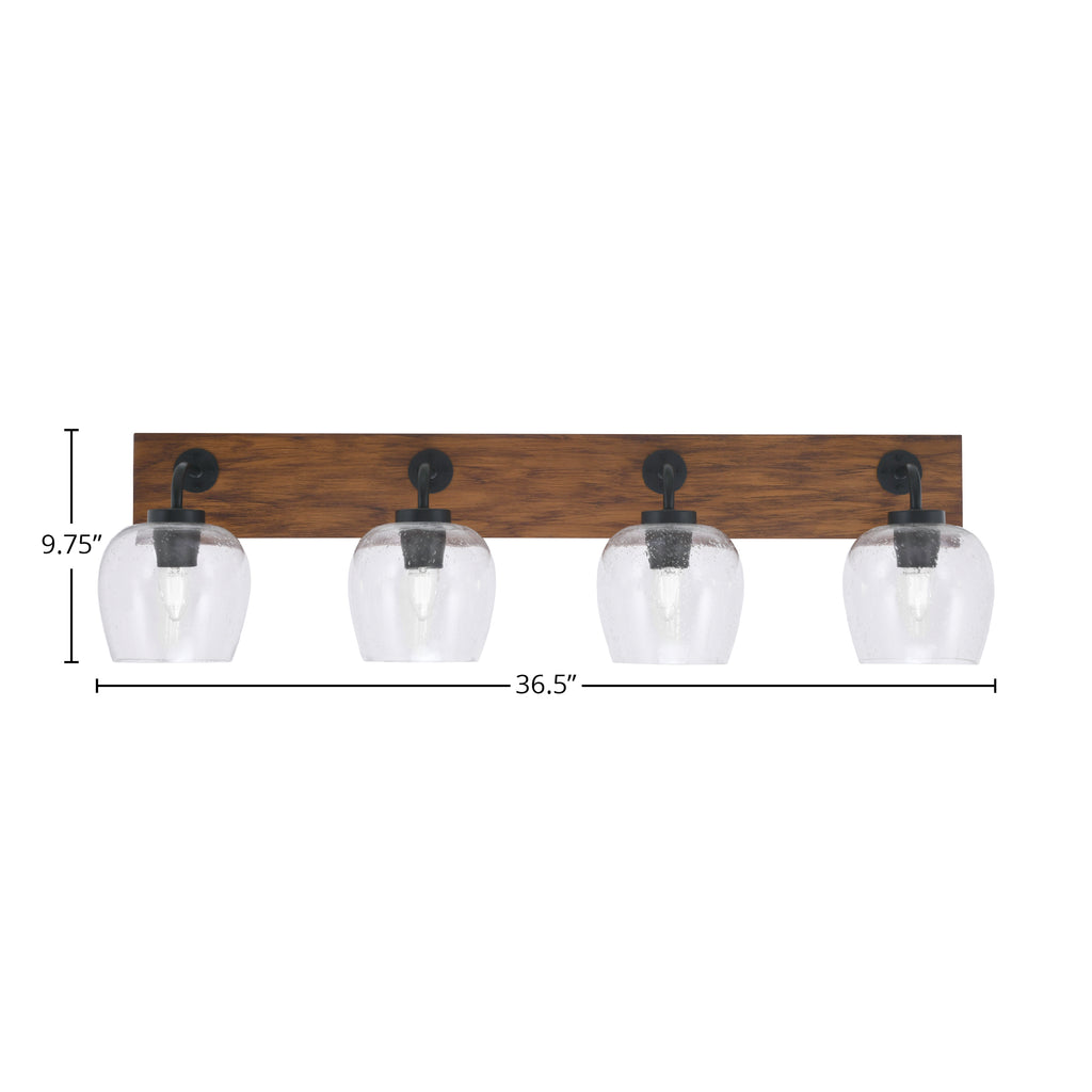 Oxbridge Four Light Bath Bar in Matte Black & Painted Wood-look Metal with 6" Clear Bubble Shade