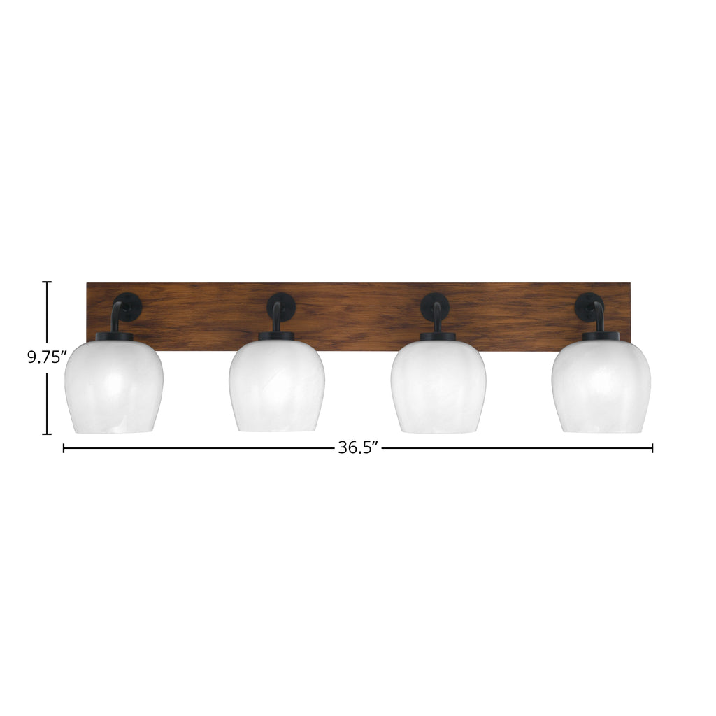 Oxbridge Four Light Bath Bar in Matte Black & Painted Wood-look Metal with 6" White Marble Shade