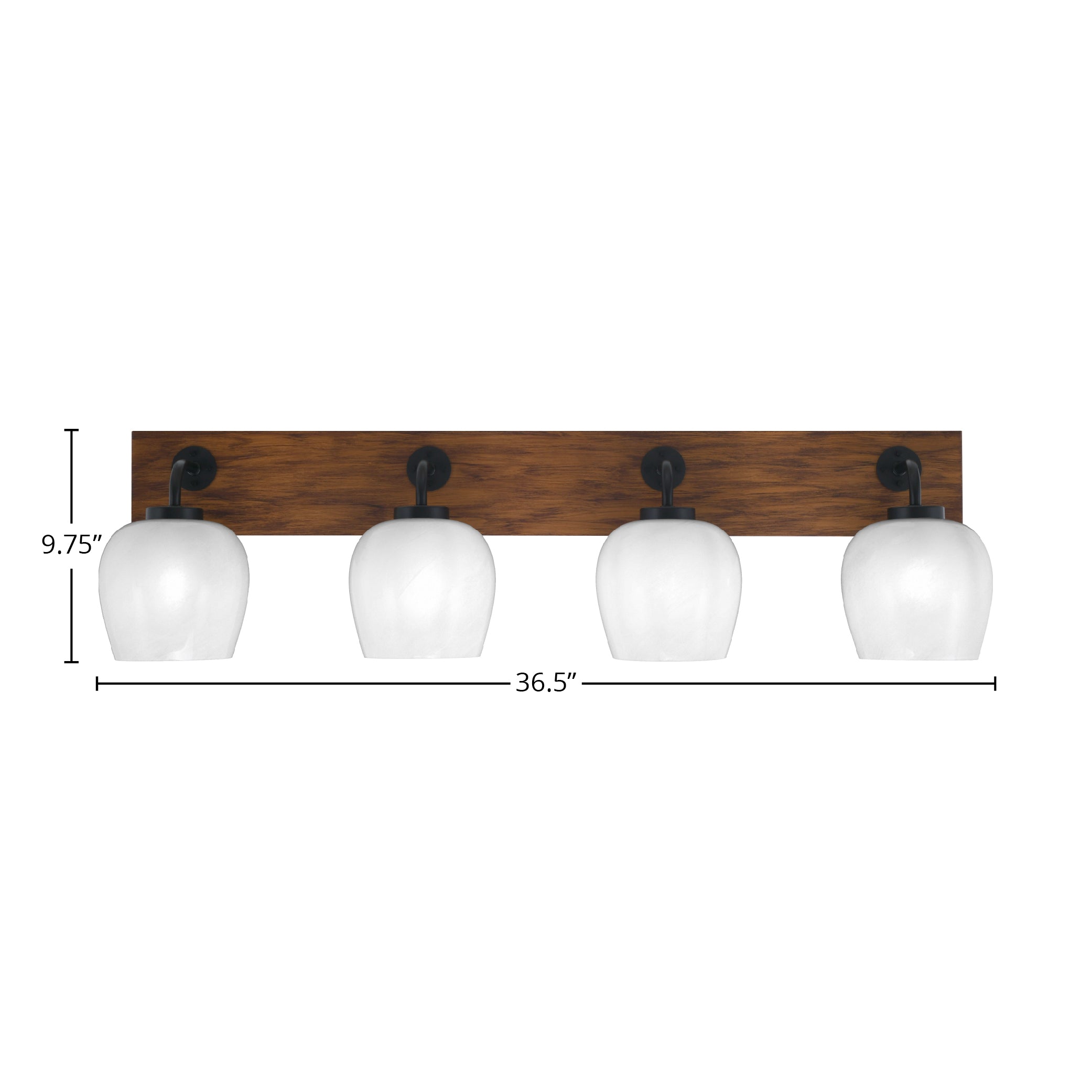 Oxbridge Four Light Bath Bar in Matte Black & Painted Wood-look Metal with 6" White Marble Shade