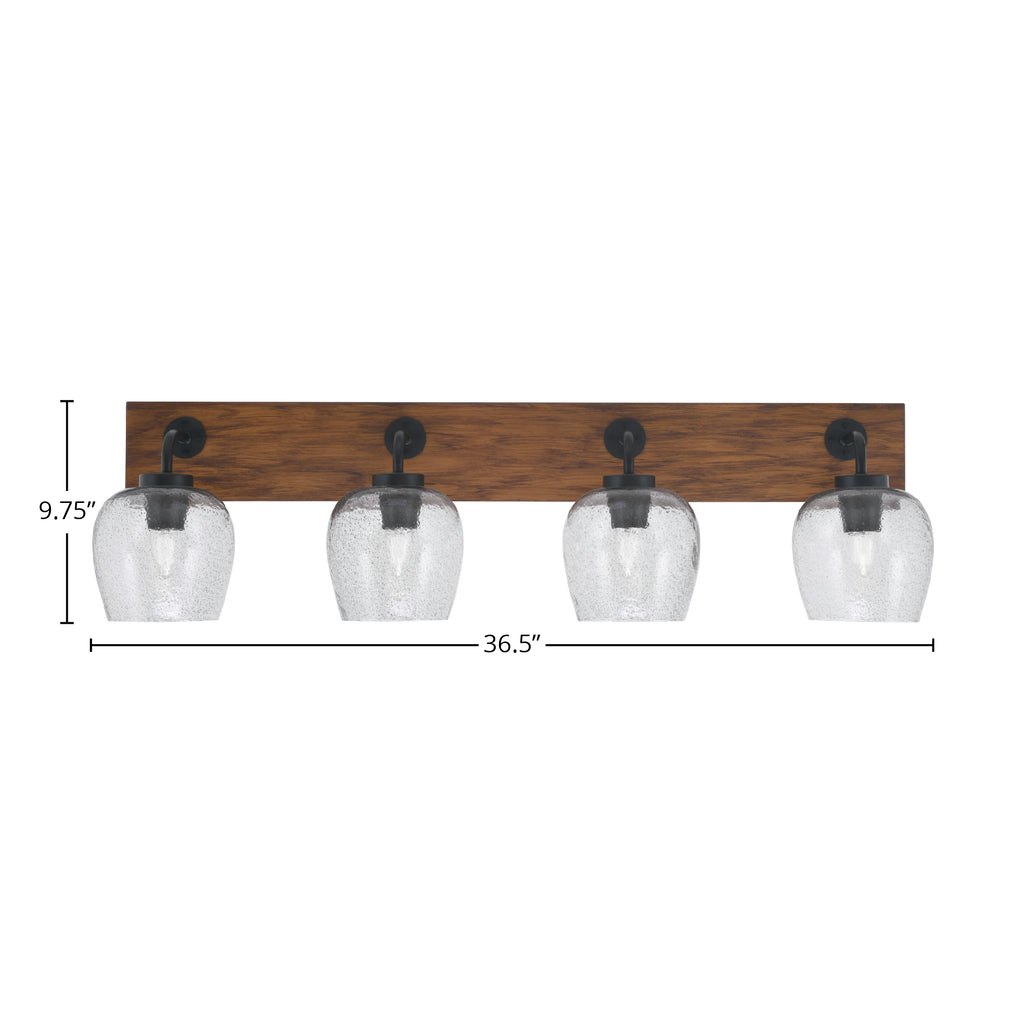 Oxbridge Four Light Bath Bar in Matte Black & Painted Wood-look Metal with 6" Smoke Bubble Shade