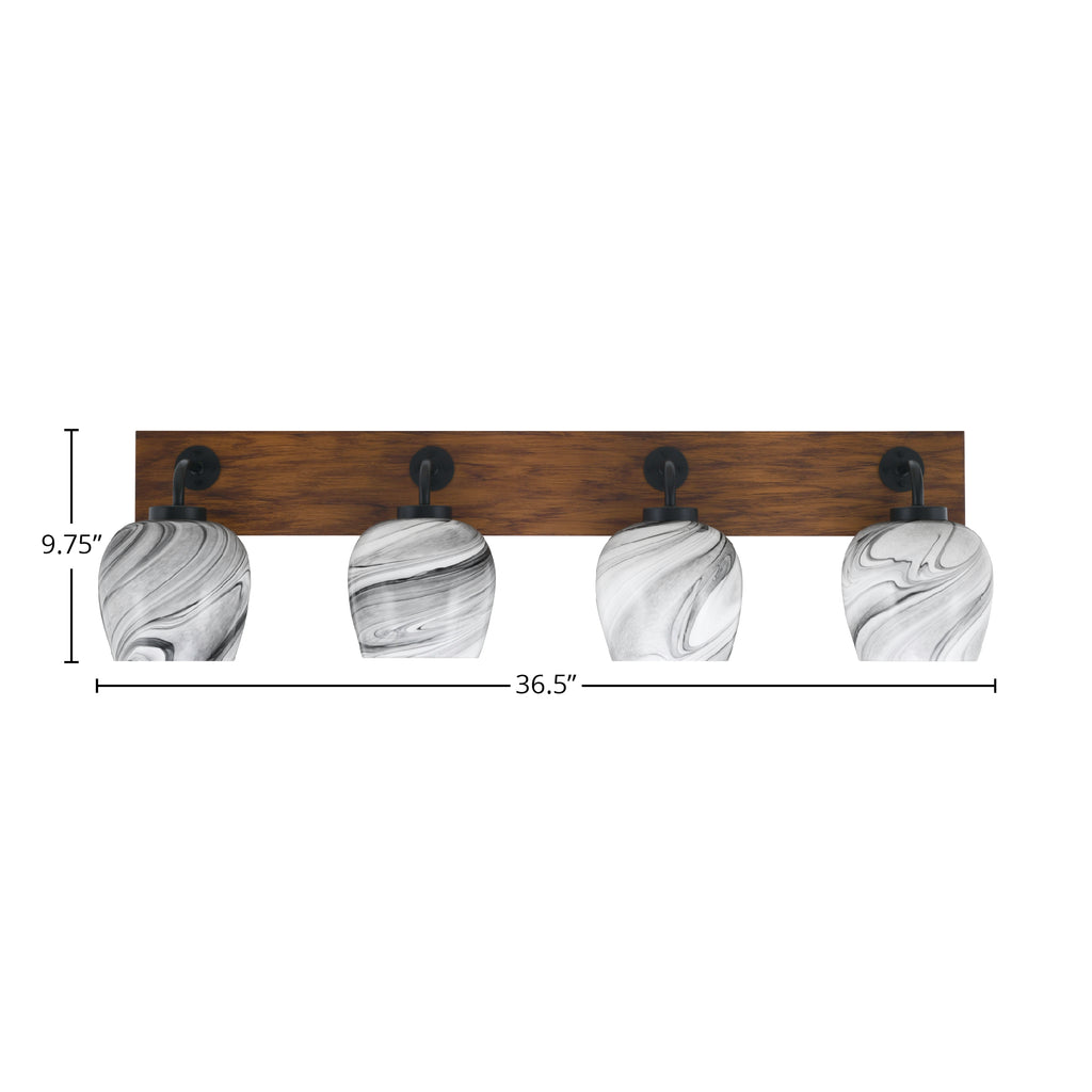 Oxbridge Four Light Bath Bar in Matte Black & Painted Wood-look Metal with 6" Onyx Swirl Shade