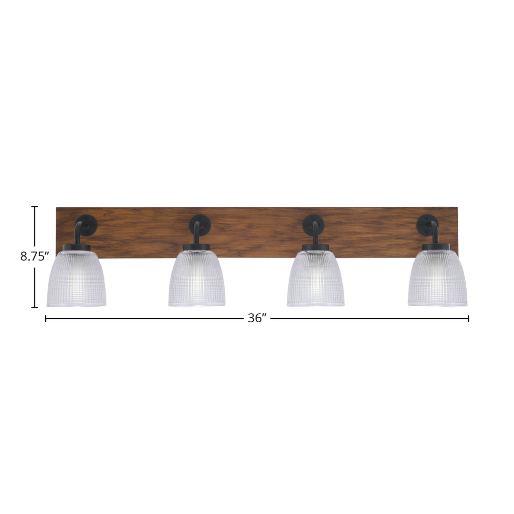Oxbridge Four Light Bath Bar in Matte Black & Painted Wood-look Metal with 5" Clear Ribbed Shade