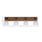 Oxbridge Four Light Bath Bar in Matte Black & Painted Wood-look Metal with 5" Clear Ribbed Shade