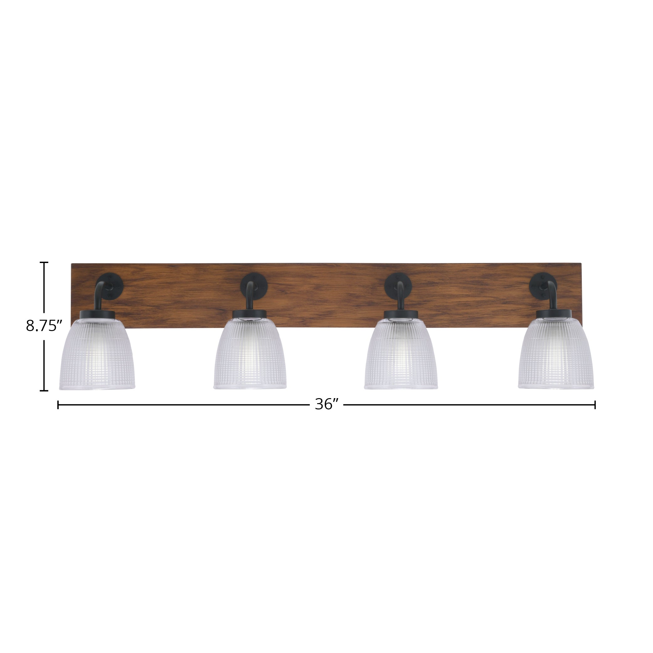 Oxbridge Four Light Bath Bar in Matte Black & Painted Wood-look Metal with 5" Clear Ribbed Shade