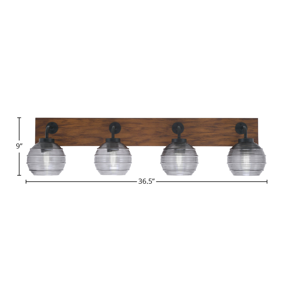 Oxbridge Four Light Bath Bar in Matte Black & Painted Wood-look Metal with 6" Smoke Ribbed Shade