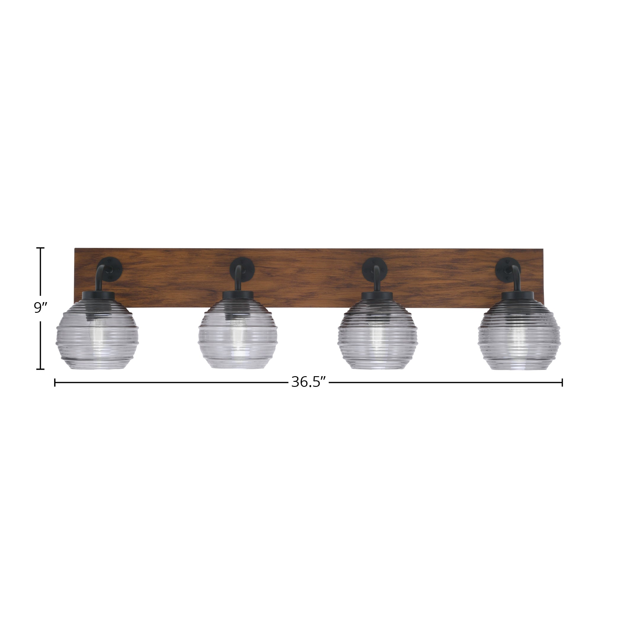 Oxbridge Four Light Bath Bar in Matte Black & Painted Wood-look Metal with 6" Smoke Ribbed Shade