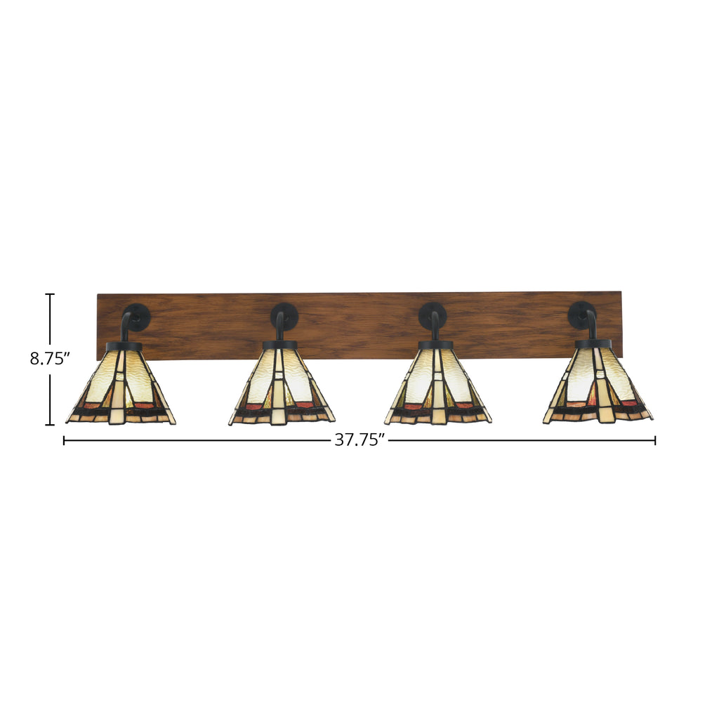 Oxbridge Four Light Bath Bar in Matte Black & Painted Wood-look Metal with 7" Zion Art Glass Shade