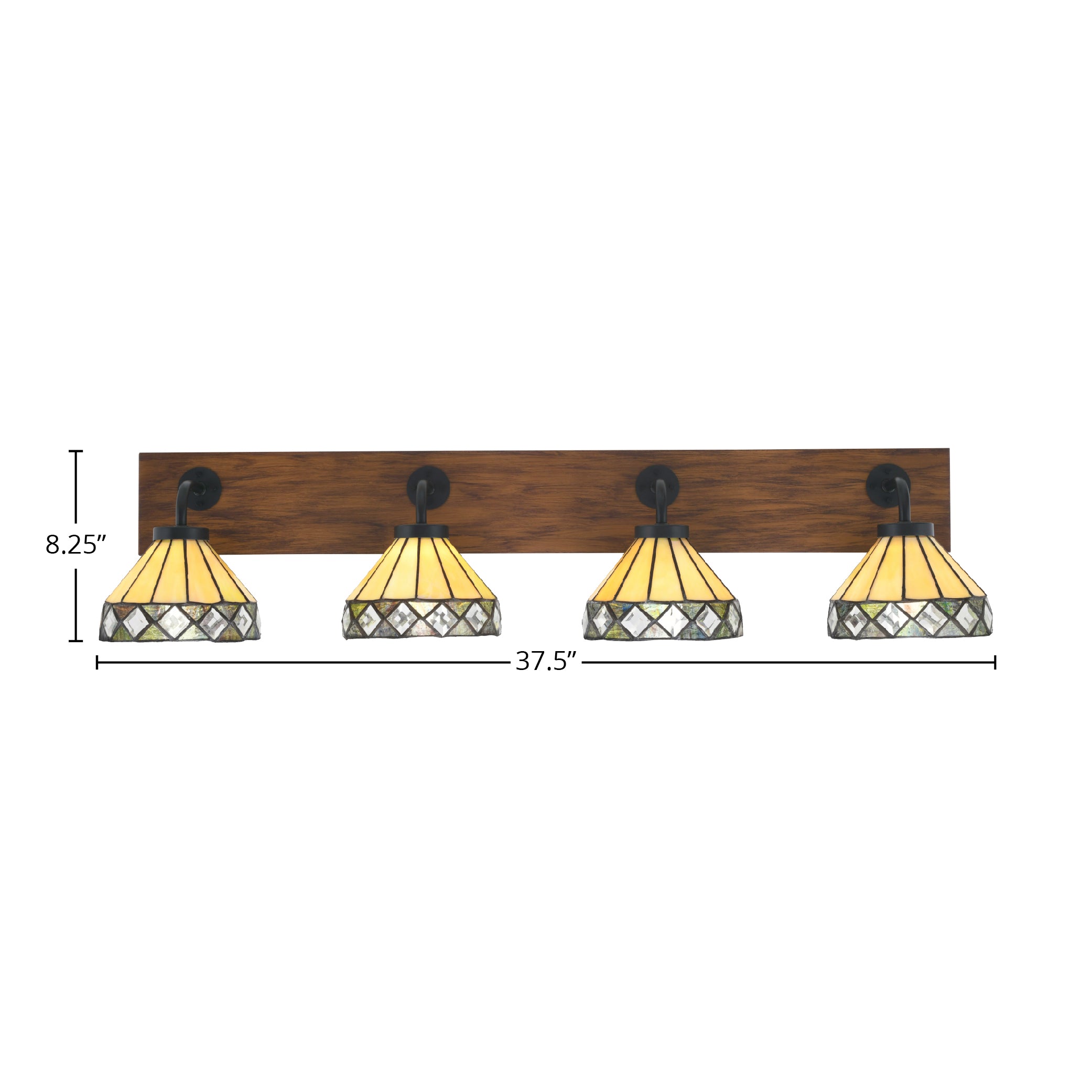Oxbridge Four Light Bath Bar in Matte Black & Painted Wood-look Metal with 7" Diamond Peak Art Glass Shade