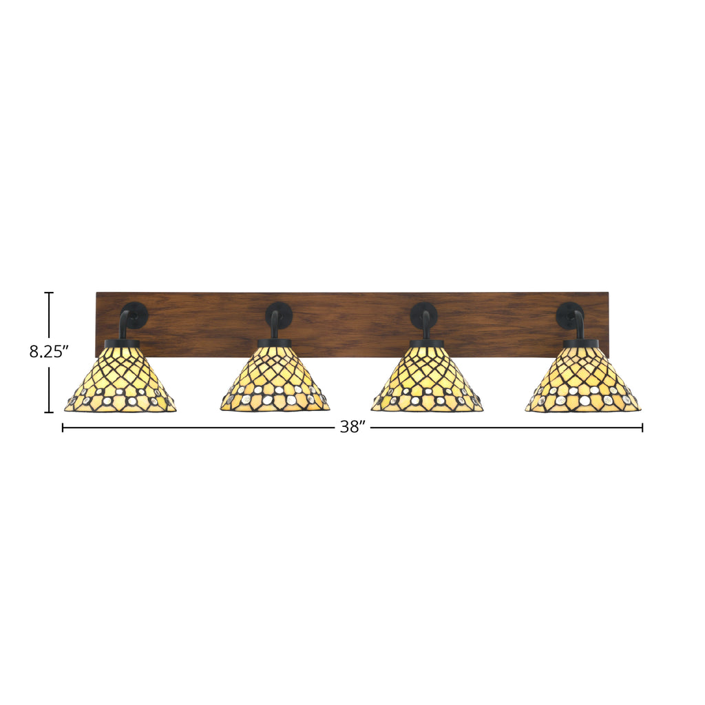 Oxbridge Four Light Bath Bar in Matte Black & Painted Wood-look Metal with 7" Starlight Art Glass Shade