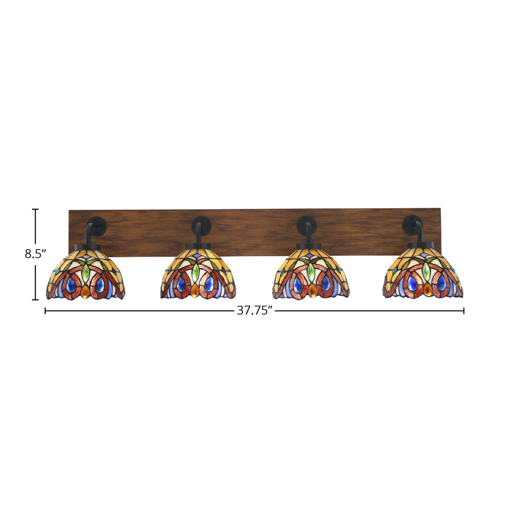 Oxbridge Four Light Bath Bar in Matte Black & Painted Wood-look Metal with 7" Lynx Art Glass Shade
