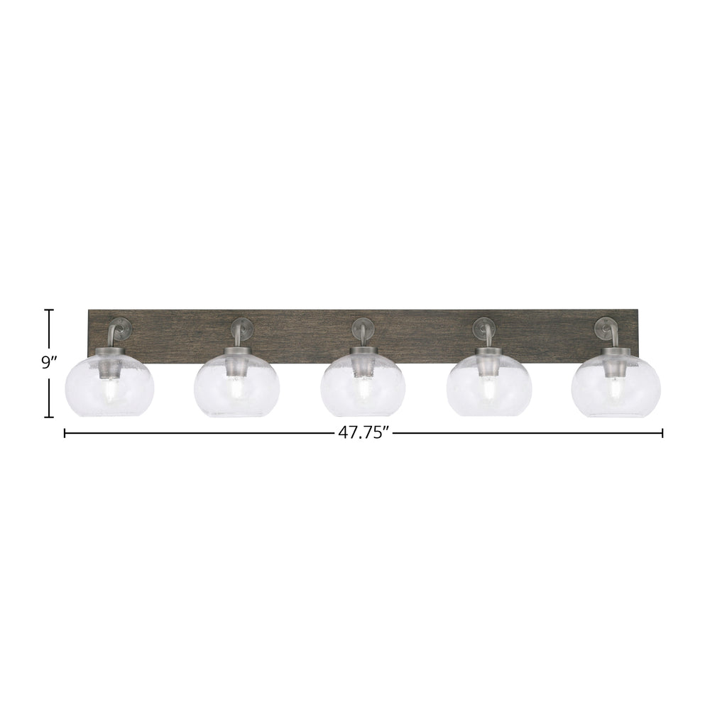 Oxbridge Five Light Bath Bar in Graphite & Painted Distressed Wood-look Metal with 7" Clear Bubble Shade