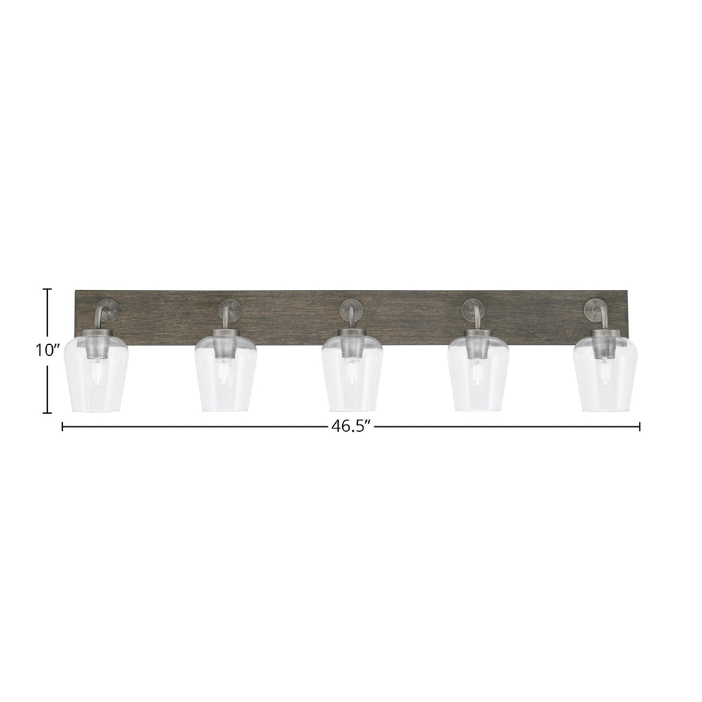 Oxbridge Five Light Bath Bar in Graphite & Painted Distressed Wood-look Metal with 5" Clear Bubble Shade
