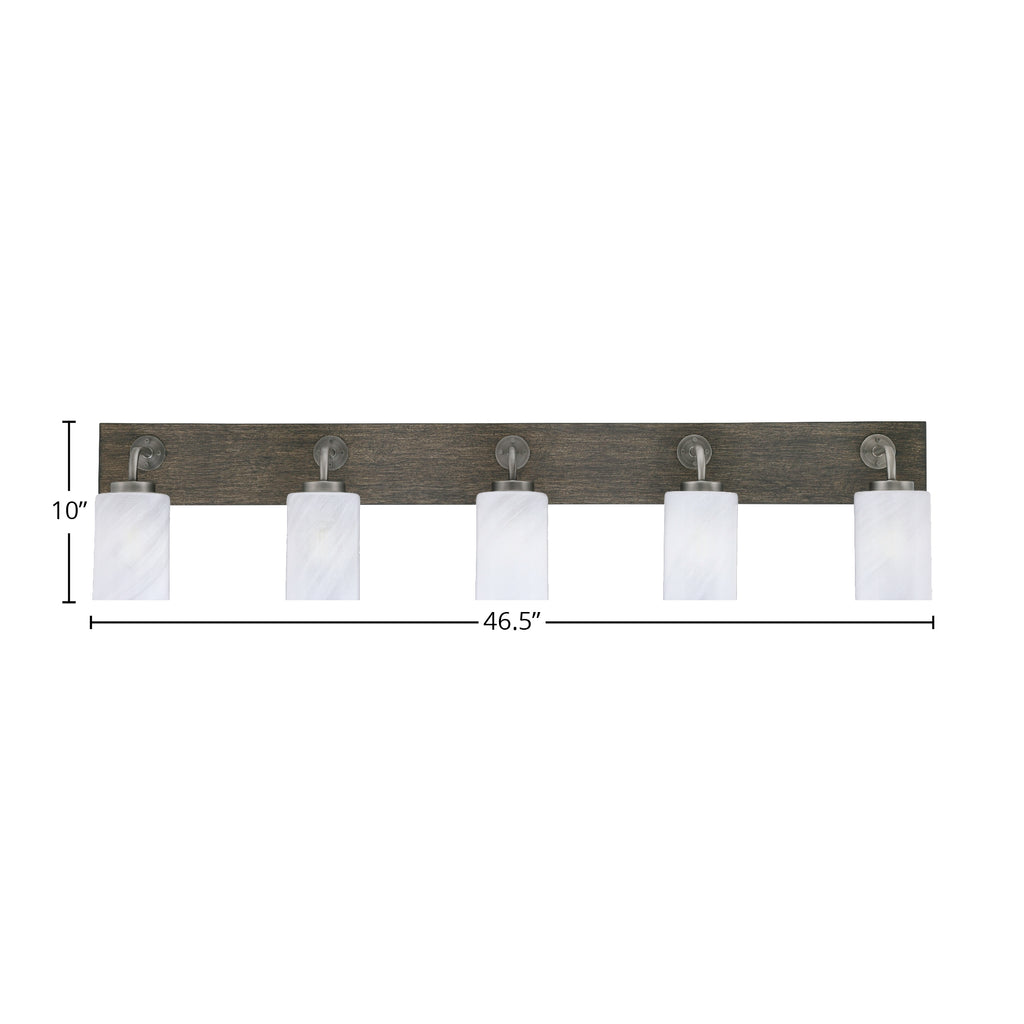Oxbridge Five Light Bath Bar in Graphite & Painted Distressed Wood-look Metal with 4" White Marble Shade