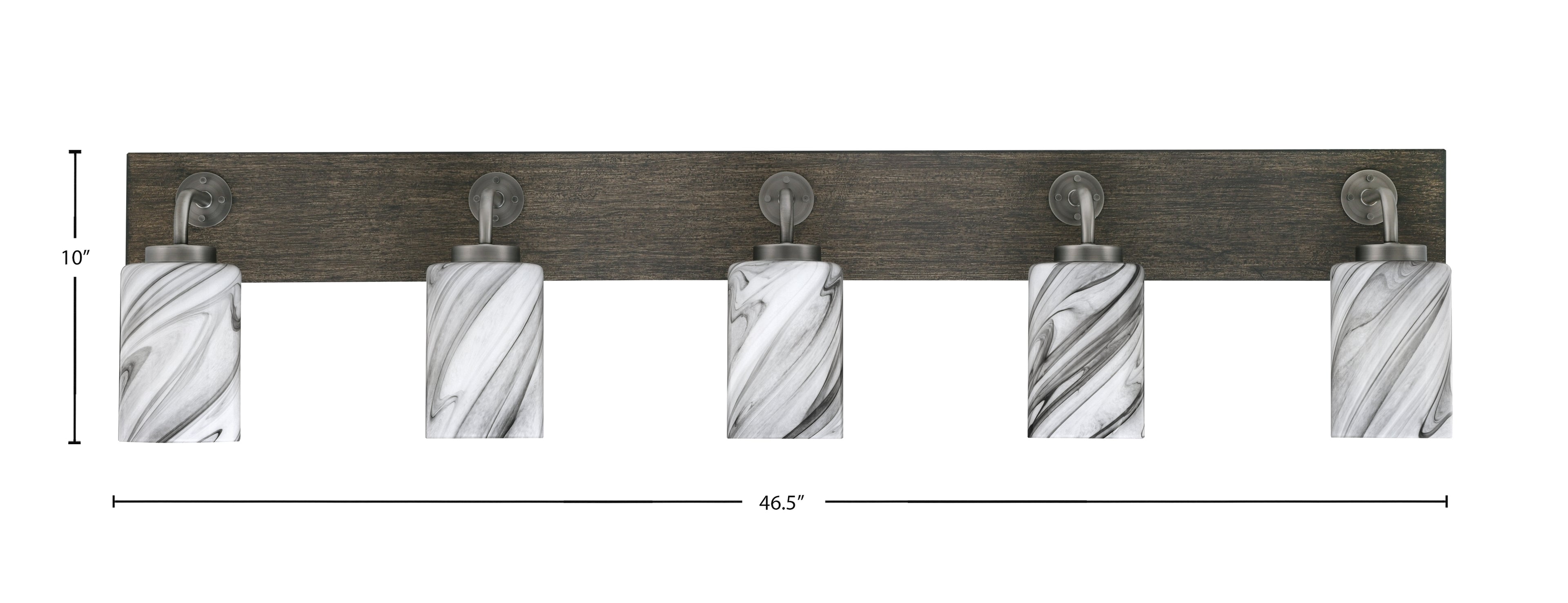 Oxbridge Five Light Bath Bar in Graphite & Painted Distressed Wood-look Metal with 4" Onyx Swirl Shade