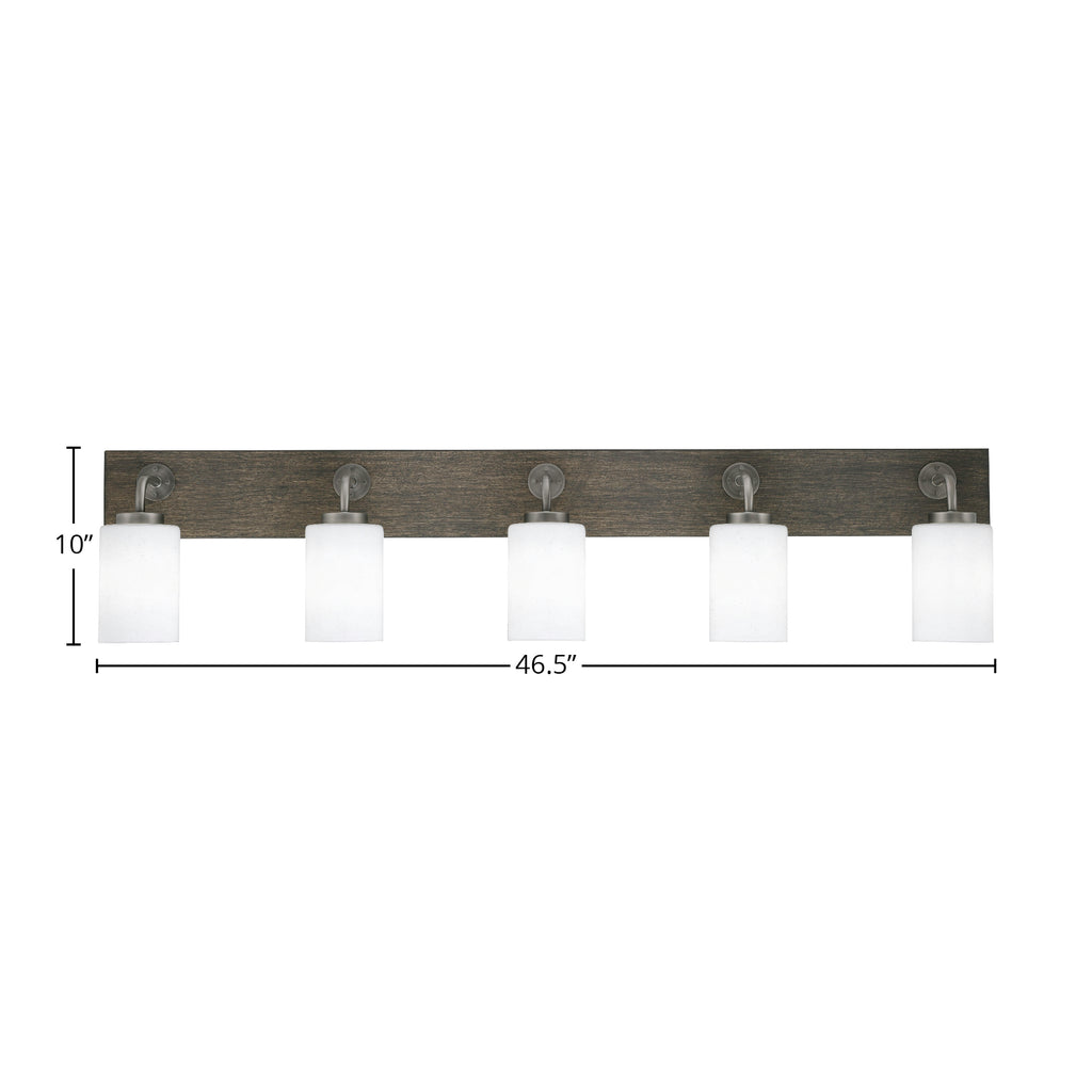 Oxbridge Five Light Bath Bar in Graphite & Painted Distressed Wood-look Metal with 4" White Muslin Shade
