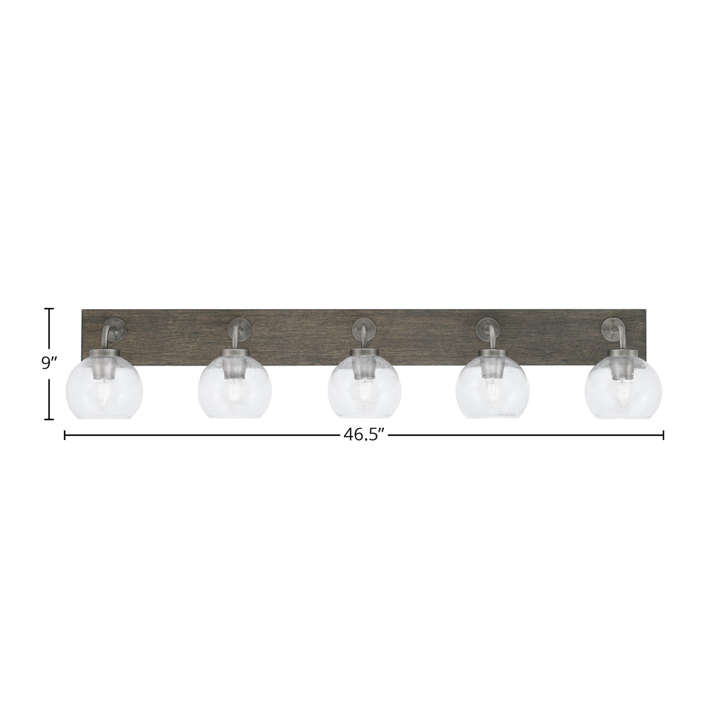 Oxbridge Five Light Bath Bar in Graphite & Painted Distressed Wood-look Metal with 5.75" Clear Bubble Shade