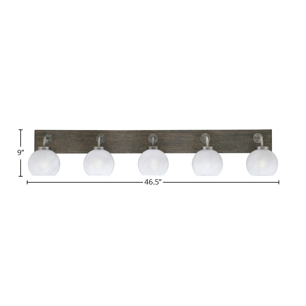 Oxbridge Five Light Bath Bar in Graphite & Painted Distressed Wood-look Metal with 5.75" White Marble Shade