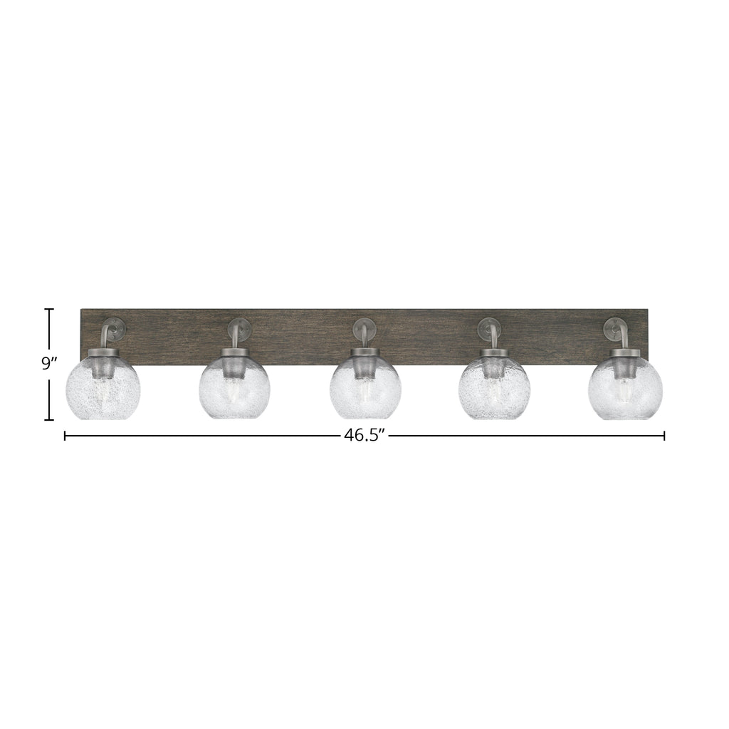 Oxbridge Five Light Bath Bar in Graphite & Painted Distressed Wood-look Metal with 5.75" Smoke Bubble Shade